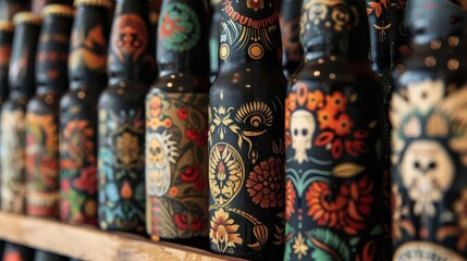 A shelf of beer bottles with colorful and intricate designs.