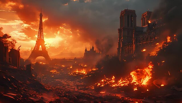The End of the World Apocalyptic, Paris destroyed, epic scene. Created with Generative AI