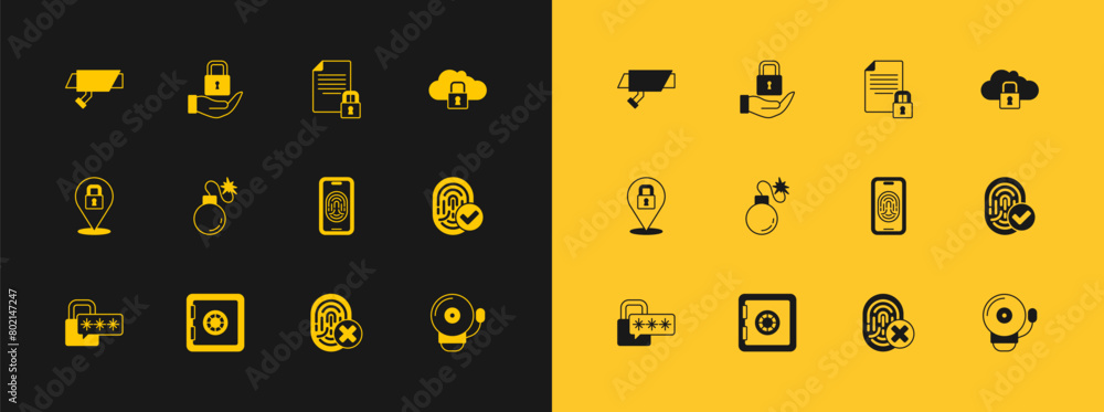 Poster set cloud computing lock, safe, mobile with fingerprint scanner, cancelled, bomb, document and, secu