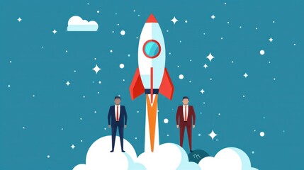 A businessmen standing on a rocket ship flying past in the sky