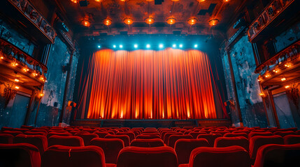 Vintage Movie Poster Curtains on a Theatrical Stage in Documentary Soft Lighting