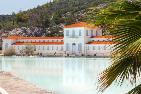 The Spa building of early 1900s at the entrance of Methana town, Greece, with the rich, sulphur hot waters, colored milk white, with distinctive (rather unpleasant) smell. 
