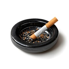 cigarette in ashtray, cigarette and ashtray on white background,  a portable home metal Ashtray with a piece of cigarette on white background, 