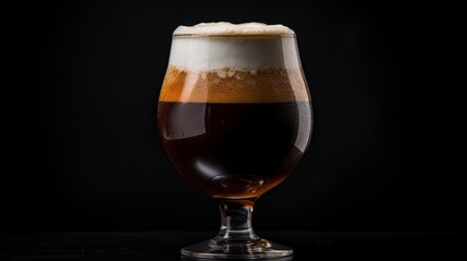 A dark beer with a creamy, tan head in a tulip glass.