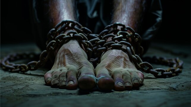 Close-up image of feet which is freely restricted by a chain