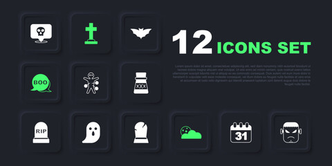 Set Halloween date 31 october, Frankenstein face, Voodoo doll, Moon and stars, Boo speech bubble, Ghost, Tombstone with cross and RIP written icon. Vector