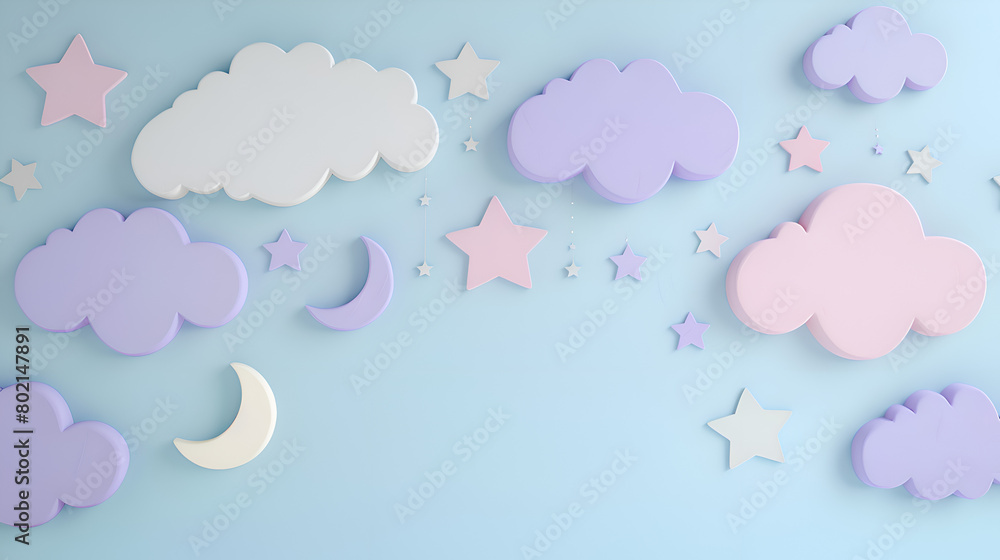 Poster a blue background with clouds and stars. the clouds are in different shapes and sizes, and the stars