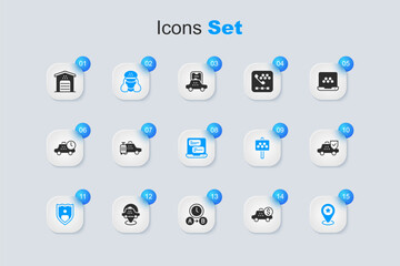 Set Taximeter device, car, driver, Life insurance with shield, Location star, Garage for taxi and mobile app icon. Vector