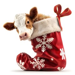 red christmas boot with cow on white background, Festive Delight A Whimsical Christmasthemed Baby Cow Adorned in Sublimated Scarf