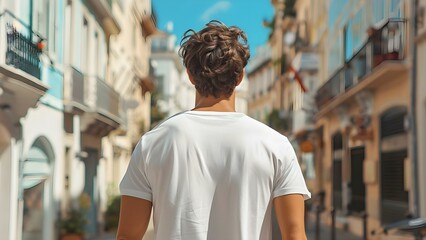 Rear view of male model in white cotton Tshirt on city street . Concept Fashion, Street Style, Men's Wear, Urban Setting, Casual Outfit