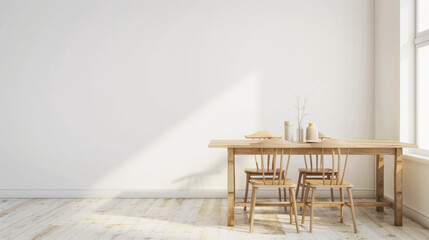 A wooden dining table with four chairs is set in a room with a white wall. The table is empty, but there are a few items on it, including a vase and a bowl. The room is bright and airy