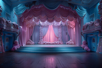 Whimsical Candy Themed Theater Stage with Vibrant Curtains in a Captivating Fantasy Dreamscape