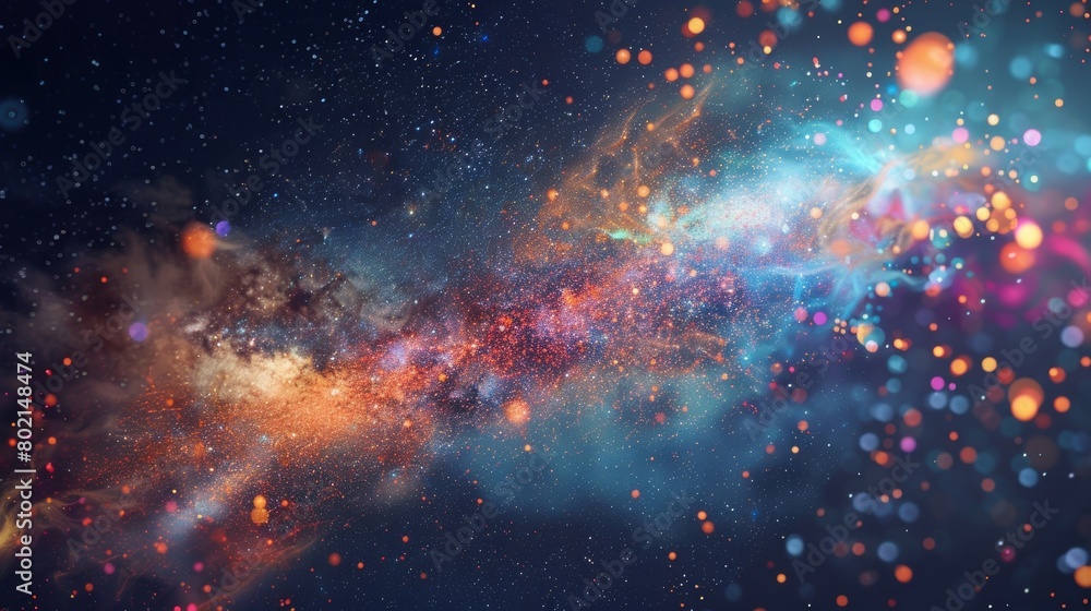 Poster a stylized map of the milky way galaxy with constellations and stars bursting out of it in colorful 