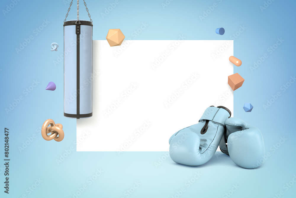Poster 3d rendering of blue punching bag and boxing gloves with random objects on white blue background