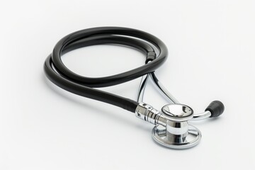 Close-up of a coiled stethoscope positioned against a clean white backdrop, symbolizing healthcare and diagnostics