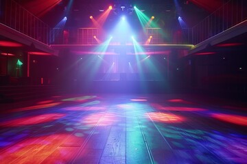 Colorful light beams on an empty club dance floor