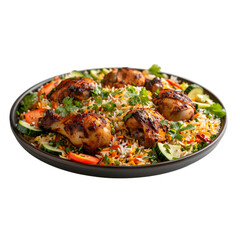 Plate of delicious chicken biryani with leg pieces and vegetable slices isolated on a transparent background
