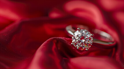 A diamond ring in focus on the red silk background.