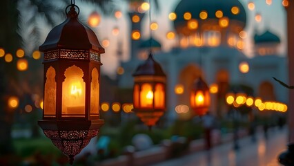 Ramadan Kareem celebration with glowing lanterns and mosque backdrop creates a picturesque scene. Concept Ramadan Kareem, Glowing Lanterns, Mosque Backdrop, Picturesque Scene