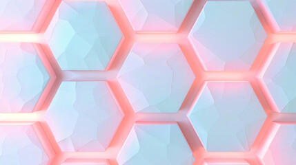 Dreamy tech hexagons in soft pink and glowing blue.