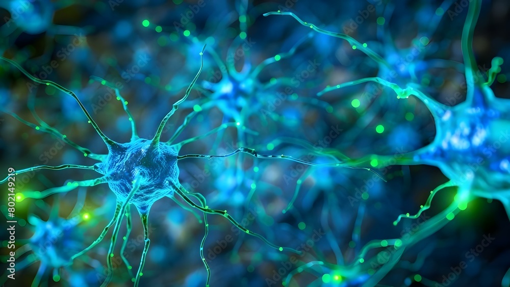 Poster neuron cells glowing with blue and green links focusing on synapse signals. concept science, neurons