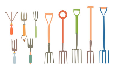 Garden fork set , different shapes and color isolated on white background. Gardening tools design. Colorful vector illustration, flat style.