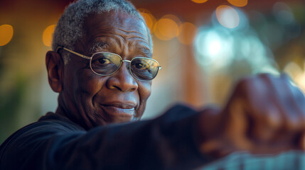 Black senior man practicing with power band on exercise class at residential care home.