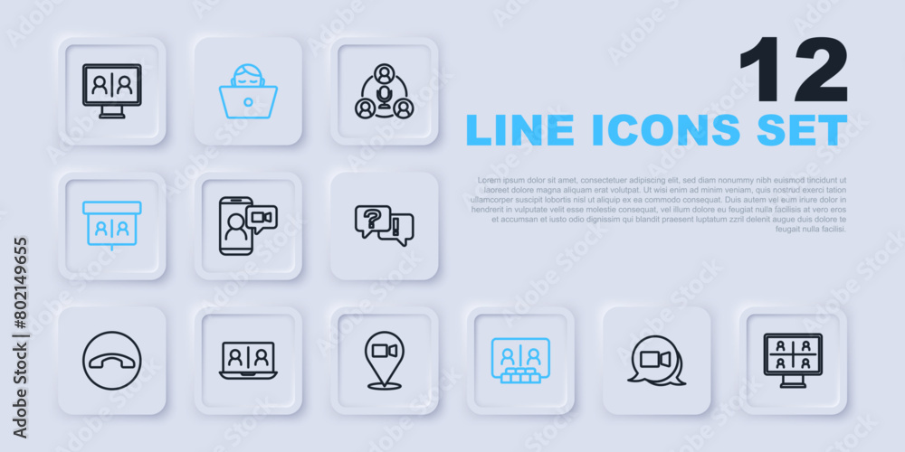 Sticker Set line Video chat conference, Freelancer and icon. Vector