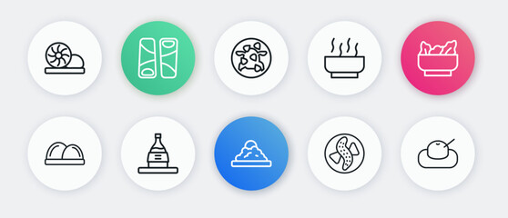 Set line Rice in a bowl, Wonton, Sushi, Served cucumber plate, Ramen soup, Kung Pao chicken, Mochi and Bottle of sake icon. Vector