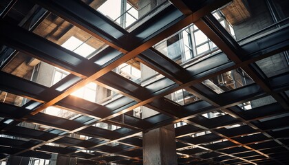Fototapeta premium A room with numerous windows and metal construction beams forming a high-rise building interior