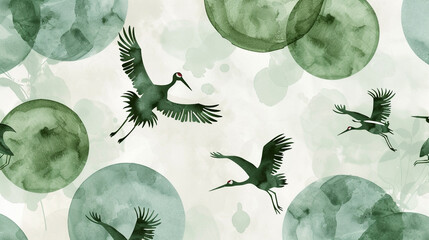 Sage green and olive watercolor circles with crane silhouettes, retro marshland.