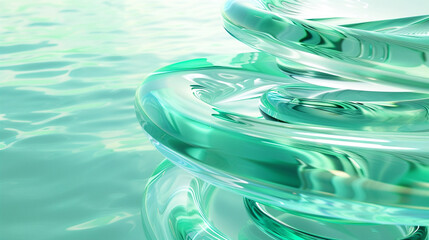 Mint to turquoise glass planes spiral, abstract tranquil waters.