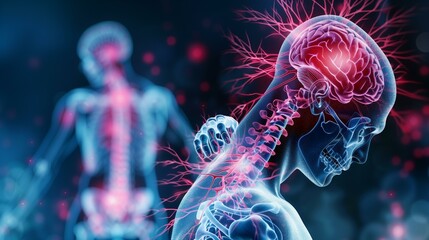 Nerve pain, human body with brain and spine, physical injury glowing human muscle physiology healthy lifestyle