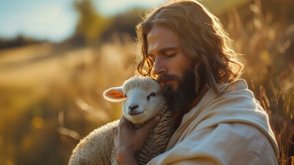 Jesus Christ holding little lamb, religion, Christianity, beard portrait summer brown hair