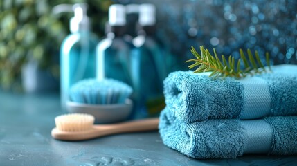 Hygiene, blue towel and toothbrush on counter, beauty treatment no people wellbeing equipment luxury