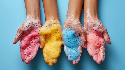 Hygiene, four hands with soap and colorful foam on blue background, liquid color drop