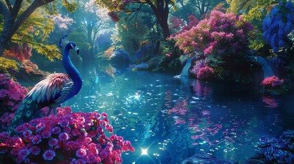 Enchanted Garden with Majestic Peacock by the Lake