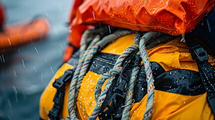 Water rescue gear laid out, life vest and rope, close up, preparation for the plunge, morning haze 