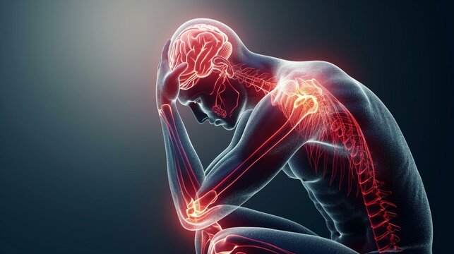 Joint pain, man with painful neck and back pain, healthy lifestyle exercising physiology human muscle body conscious