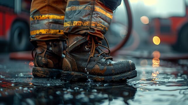 Firefighter's boots and helmet, readiness for rescue, close up, symbol of bravery, harsh light 