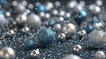 Silver-blue baubles on charcoal, seamless festive elegance.