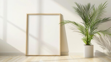 A white framed picture sits on a wooden floor next to a potted plant. The room is bright and airy, with sunlight streaming in through a window. The empty frame of the picture suggests a sense of calm
