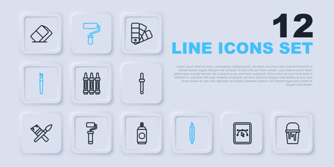 Set line Computer with design program, Paint bucket, Wax crayons for drawing, Marker pen, brush, roller, and spray can icon. Vector