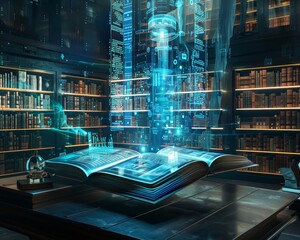 Futuristic Library with Holographic Projections and Books