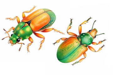A watercolor painting of a green and orange beetle with black eyes and legs