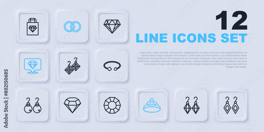 Poster set line earrings, king crown, diamond, wedding and icon. vector