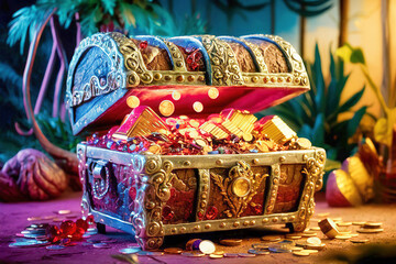 Pirate treasure chest filled with gold and precious gems concept