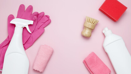Various accessories cleaning products, sprays, rags, sponges and brushes. Top view, flat lay, copy space