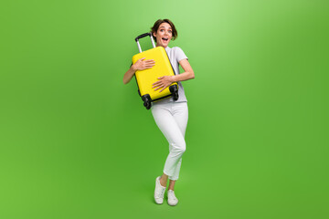 Full length photo of cheerful impressed lady wear grey t-shirt embracing baggage isolated green...