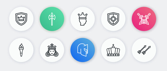 Set line Medieval helmet, Skull with sword, Torch flame, King crown, Shield, arrows and Princess queen icon. Vector